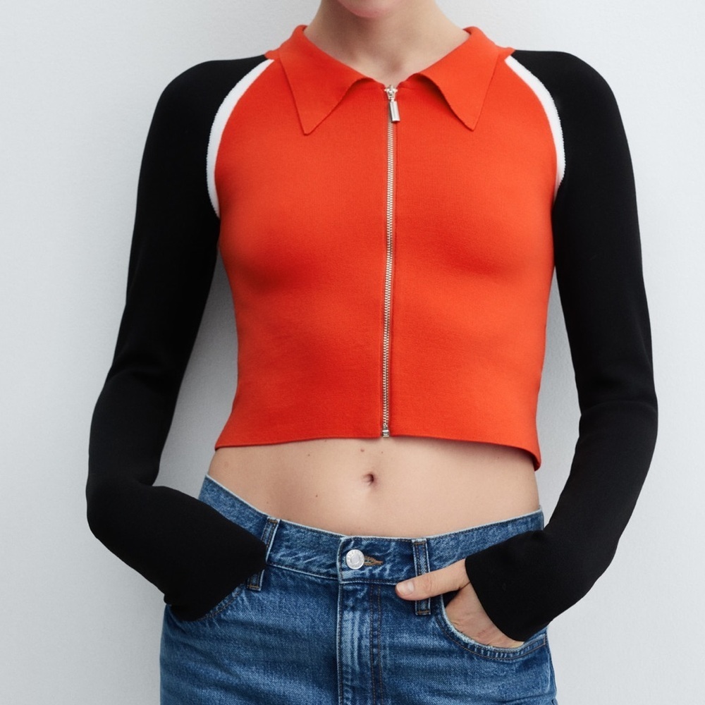 Mango Woman’s zipper Crop Cardigan Black red modern style size S
